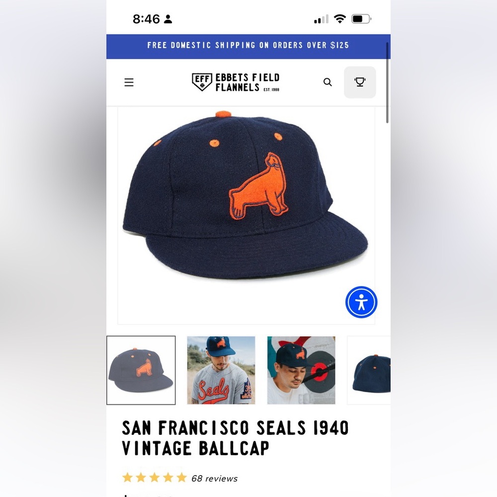 San Francisco Seals 1940 vintage baseball cap Ebbets Field Flannels
